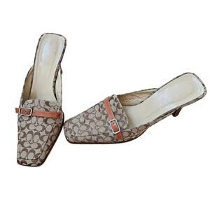 Vintage Coach Greta Brown Signature Print Square Toe Slip On Kitten Heel Mule 6B